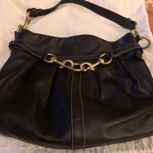 Coach Dark Leather Shoulder Bag with Brass Details
